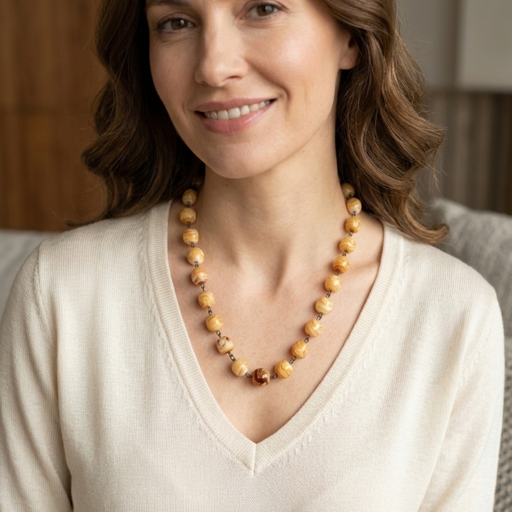 Golden Amber Bead Necklace for Women - Classic Warm-Tone Strand